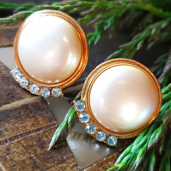 Authentic Vtg YSL Yves Saint Laurent Mabe' Pearl Rhinestone Cabochon Earrings